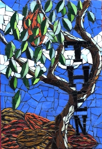 Abstract glass mosaic of a tree on a hill by Carol Davis