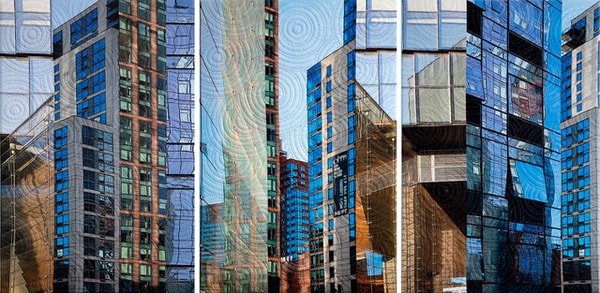 Mixed media fiber art triptych of the NYC highline by Marilyn Henrion