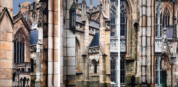 Mixed media quilted fiber art triptych of Grace Church in NYC by Marlyn Henrion