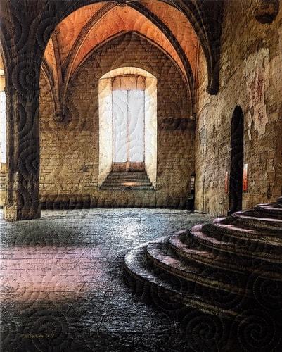 Mixed media quilted fiber art of a building interior in Avignon, France by Marilyn Henrion