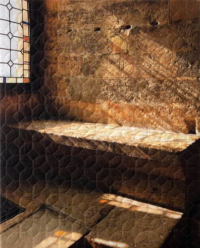 Mixed media quilted fiber art of the interior of a building in Avignon, France by Marilyn Henrion