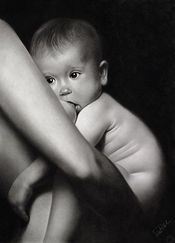 Pastel drawing of a baby being held by its mother by Lisa Botto Lee