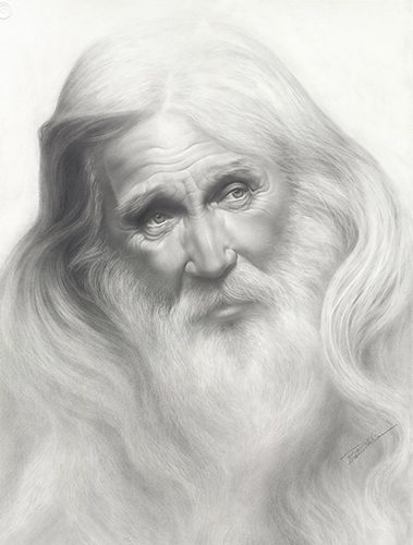 Pencil portrait of an old man with flowing white hair and beard by Lisa Botto Lee