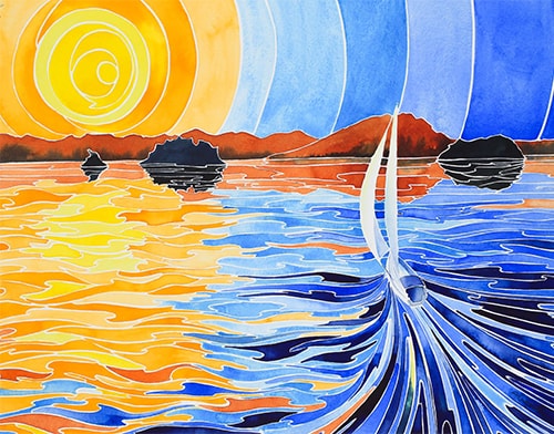 Watercolor of the sun over the water and a sailboat by Andrea England