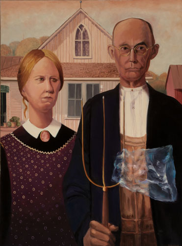 Oil painting copy of American Gothic with a piece of windblownplastic caught on the pitchfork by Victoria Mimiaga