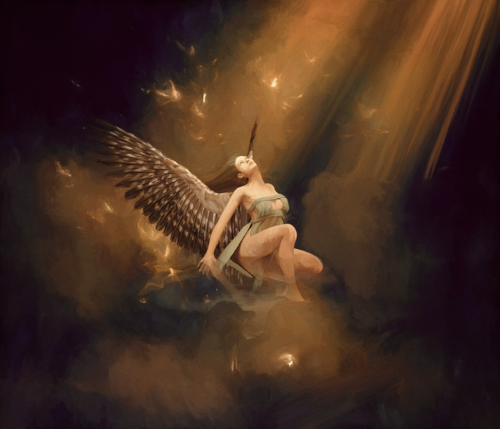 Digital oil painting of a woman with bird wings by Samantha Wells
