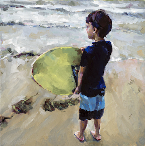 Oil painting of a young boy standing in the surf on a beach by Jennifer Beaudet