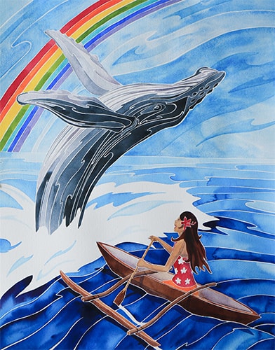 Watercolor of a whale leaping out of the water in front of a Polynesian rig by Andrea England