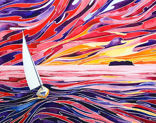 Watercolor of a sunset over the water and a sailboat by Andrea England
