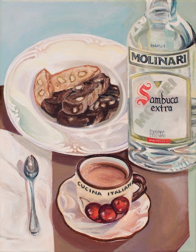 Painting of coffee with Sambuca and biscotti by Steve Mairella