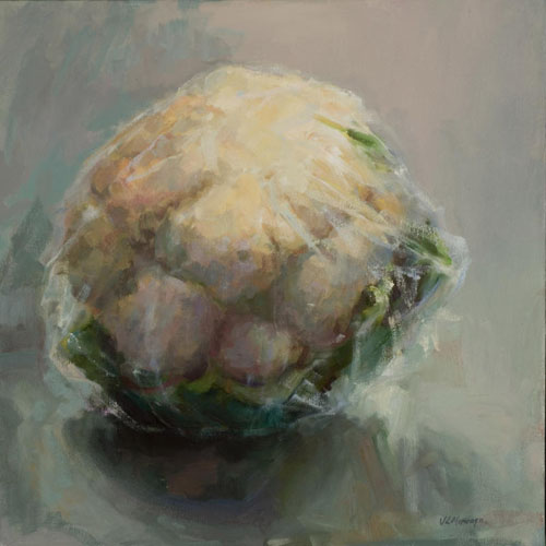 Oil painting of a head of cauliflower wrapped in plastic by Victoria Mimiaga