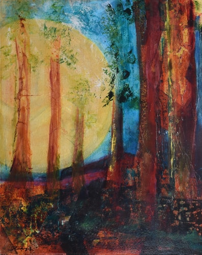 Abstract Acrylic and mixed media painting of the sun through trees by Connie Rodriguez