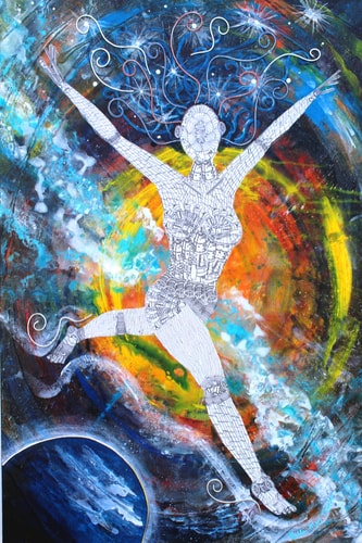 Abstract mixed media and collage assemblage of a dancing female figure by Holli May Thomas