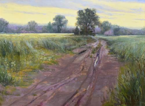 Oil landscape painting of a rutted dirt road in the rural south by Dot Courson