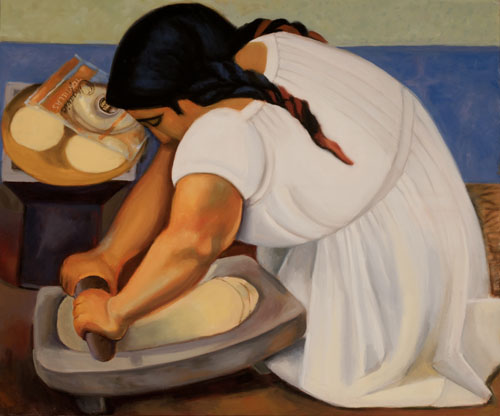 Oil copy of a painting by Diego where the tortillas are wrapped in plastic by Victoria Mimiaga