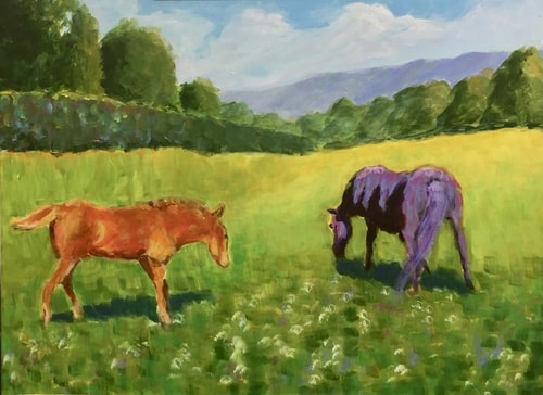 Painting of horses grazing in a meadow by Elise Nicely