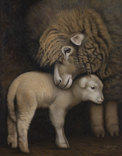 Oil painting of an ewe and her lamb by Lisa Botto Lee