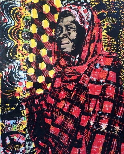 mixed media image of a Ghana woman selling fabric by Tjasa Rener