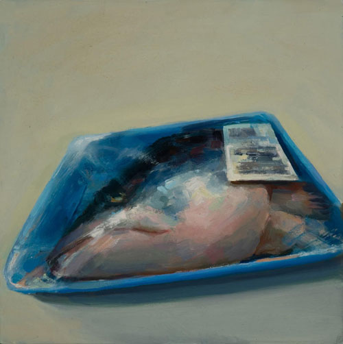 Oil painting of a fish head wrapped in a plastic tray by Victoria Mimiaga