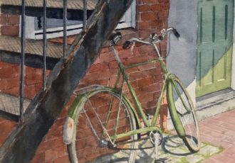 Watercolor painting of a bicycle in the city