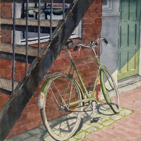 Watercolor painting of a bicycle in the city