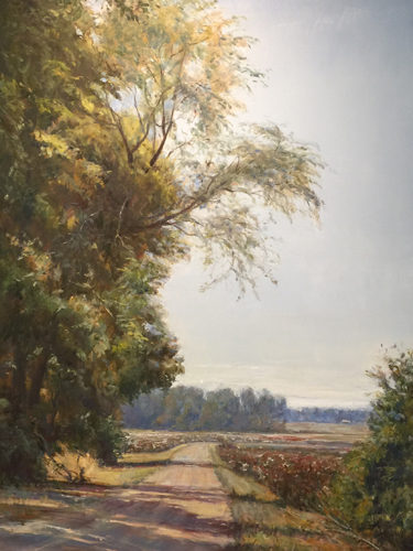 Oil landscape painting of a road along a field in the rural south by Dot Courson