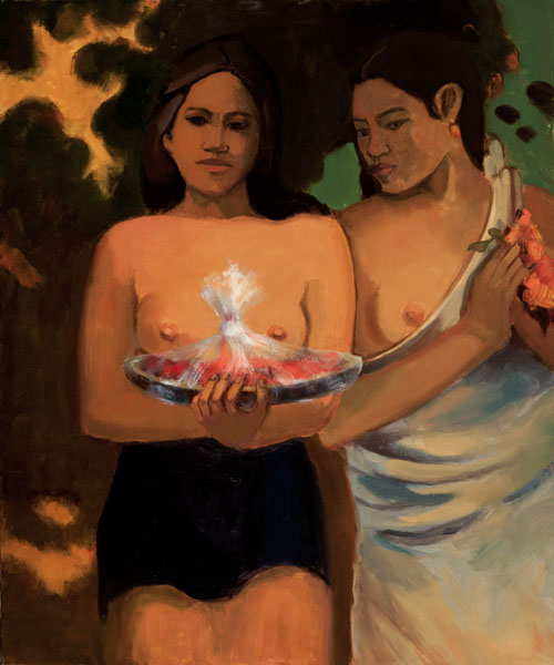 Oil copy of Gaugin's Two Tahitian Women holding plastic wrapped fruit by Victoria Mimiaga