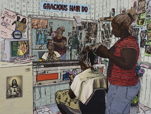 Mixed media image of a Ghana hair salon and stylist by Tjasa Rener