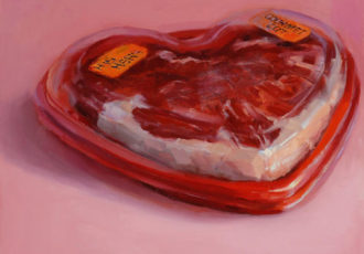 Oil painting of steak encased in a heart shaped plastic shell by Victoria Mimiaga