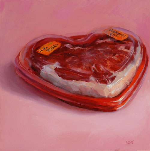 Oil painting of steak encased in a heart shaped plastic shell by Victoria Mimiaga