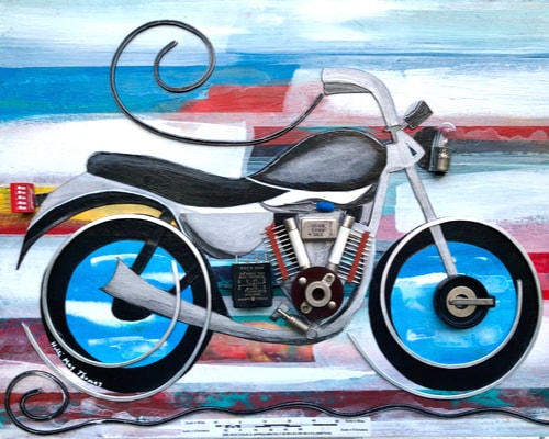 Mixed media assemblage of a motorcycle by Holli May Thomas