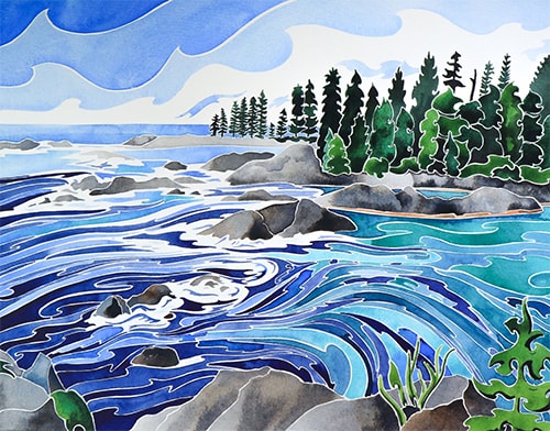 Watercolor of a rocky seashore by Andrea England