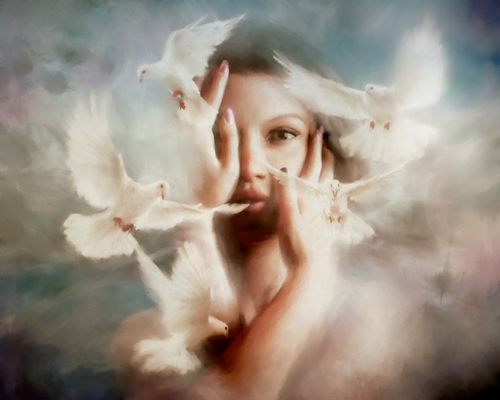 Digital oil portrait of a woman and doves by Samantha Wells