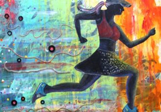 Mixed media assemblage of a woman runner by Holli May Thomas