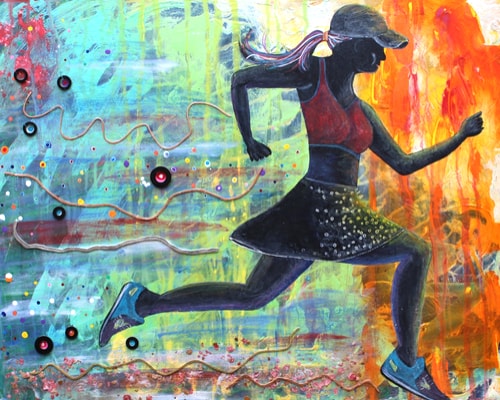 Mixed media assemblage of a woman runner by Holli May Thomas