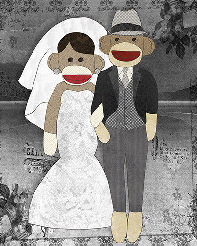 digital paper collage of a sock monkey wedding by Janet Carlson