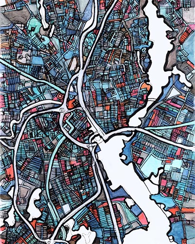 Mixed media abstract map of Providence, RI by Jennifer Carland