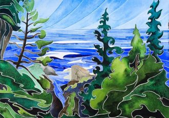 Watercolor of the view of the ocean through trees by Andrea England