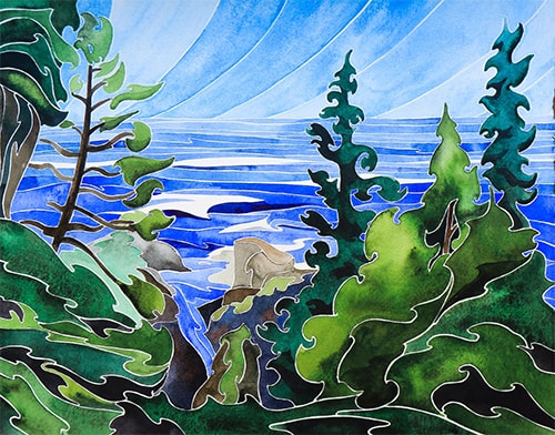 Watercolor of the view of the ocean through trees by Andrea England