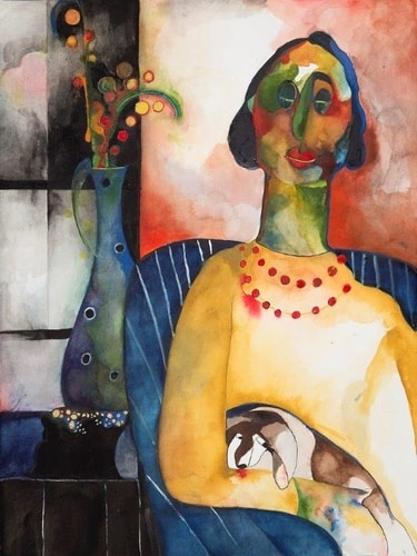 Abstract watercolor of a woman and her dog by Judy Nemer Sklar