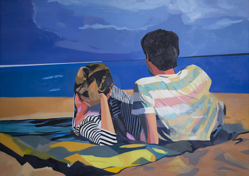 Oil painting of a couple on the beach by Krzysztof Klusik