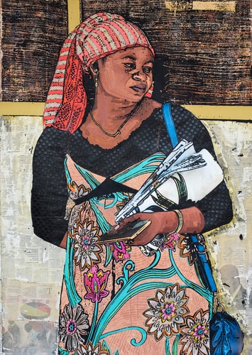 Mixed media painting of a Ghana woman with Coco Chanel Earrings by Tjasa Rener
