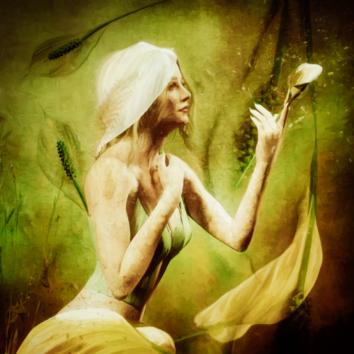 Digital oil painting of a woman in a lily plant by Samantha Wells