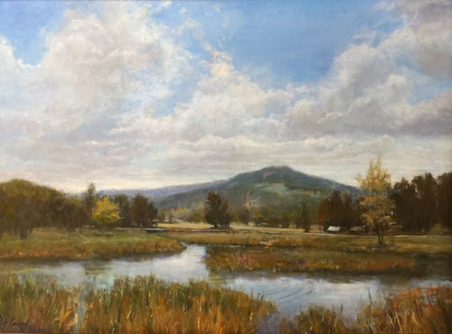 Oil landscape painting of distant mountains beyond a lake by Dot Courson