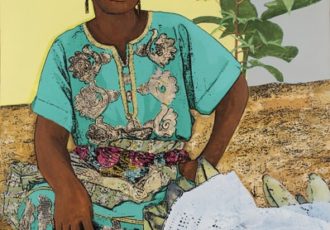 Mixed media painting of a Ghana woman selling bananas by Tjasa Rener