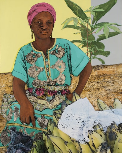 Mixed media painting of a Ghana woman selling bananas by Tjasa Rener