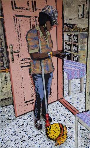 mixed media image of a Ghana house cleaner using her cell phone by Tjasa Rener