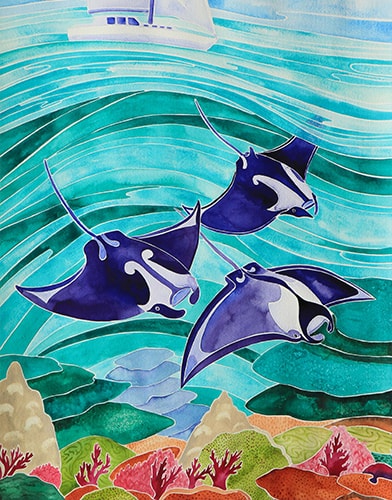Watercolor of three rays swimming over the reef by Andrea England