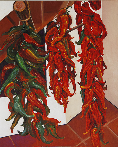 Painting of dried red chile peppers by Steve Mairella