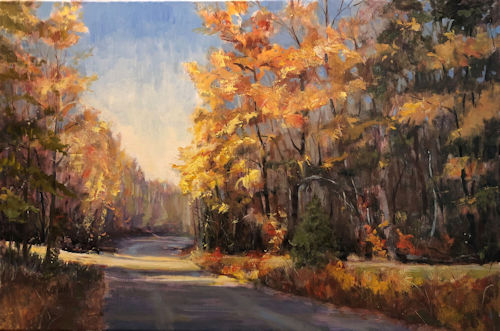 Oil landscape painting of a rural country road through the woods by Dot Courson
